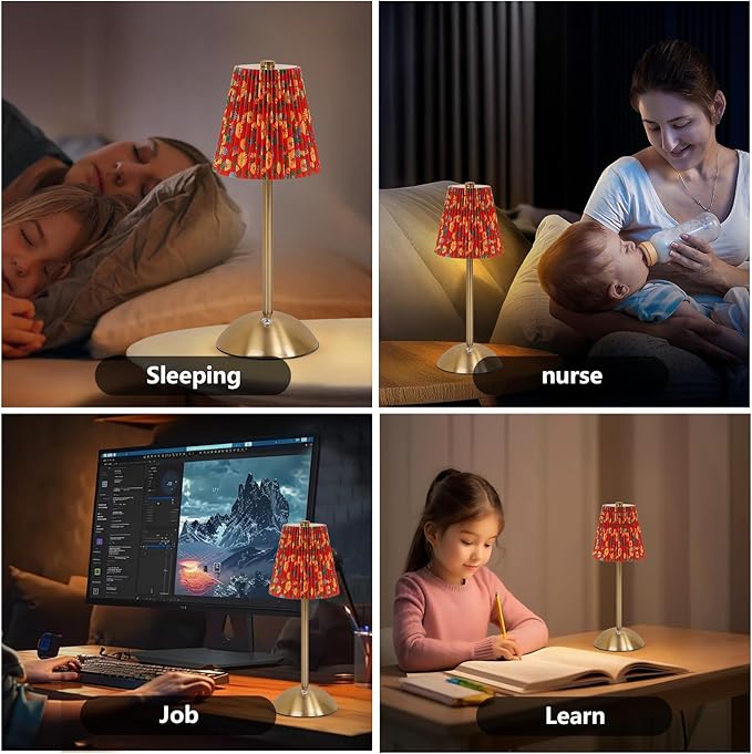 Cordless LED Table Lamp with Dimmer, Built-in Rechargeable Battery, 3-Level Brightness, Patio Table Lamp, Bedside Night Lamp, Ambient Light for Restaurant, Antique Brass (Yellow Flower)