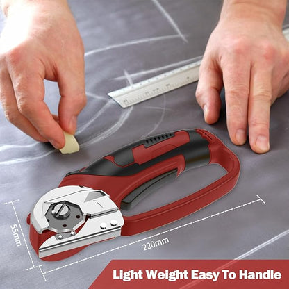 Cordless Electric Scissors, 4V Box Cutter & Cardboard Cutter with 2 Titanium Blades - Rotary Cutter with LED Light for Fabric, Leather, Carpet, Plastic, Crafting + Storage Case (Red)