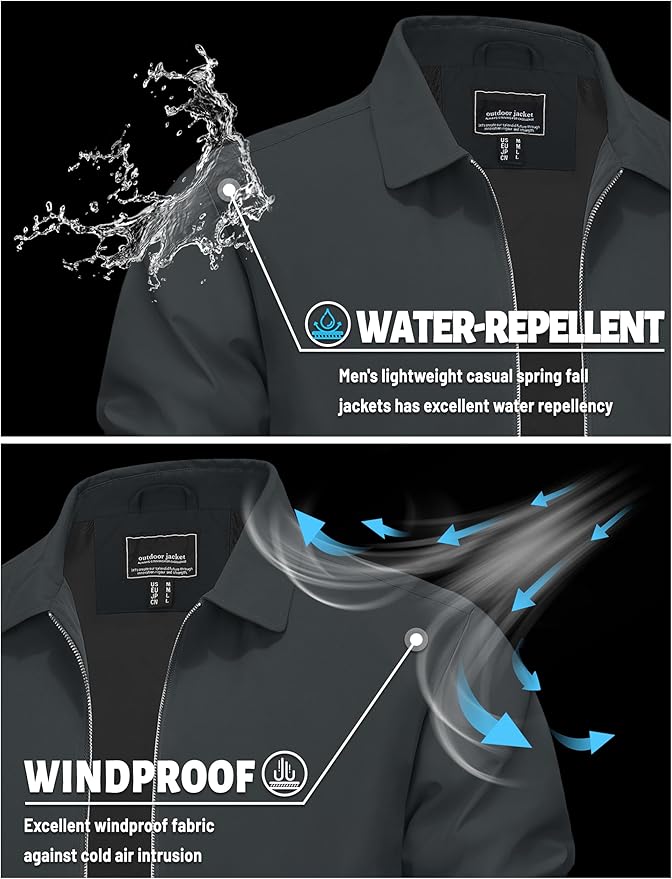 TACVASEN Mens Lightweight Windbreaker Full Zip Up Laydown Collar Jackets Light Casual Coat with Zip Pockets