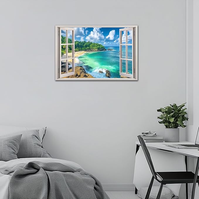 ANRUOXI Beach Window Canvas Wall Art, Enclosed Bedroom Living Room Ocean Coastal Channel Scene Picture, Tropical Sea Landscape Painting Print Artwork Horizontal Seascape Artwork for Bedroom 32x48 Inch