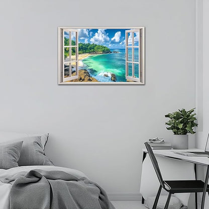 ANRUOXI Beach Window Canvas Wall Art, Enclosed Bedroom Living Room Ocean Coastal Channel Scene Picture, Tropical Sea Landscape Painting Print Artwork Horizontal Seascape Artwork for Bedroom 32x48 Inch