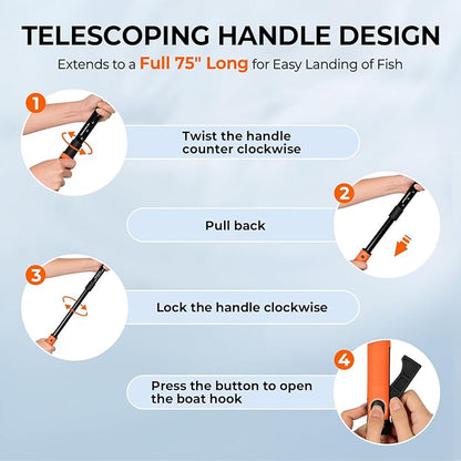KastKing Brutus Folding Landing Net with Boat Hook, Foldable, Extendable, Lightweight & Strong, Multi-Functional Built-in Boat Hook, Non-Slip & Bright Orange TPR Handle, Two Nets Options