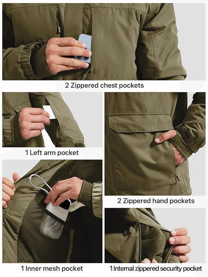 FREE SOLDIER Men's Waterproof Ski Jacket Fleece Lined Warm Winter Snow Coat with Hood Fully Taped Seams