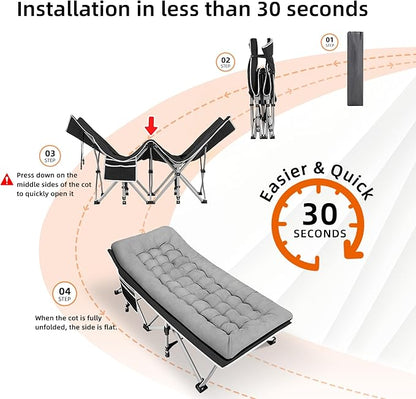 Portable Camping Cot, Sleeping Cots for Adults, 28" Extra Wide Folding Cot Max Load 600LBS with Thick Mattress, Portable Camping Bed for Outdoor Camp/Office, Home Nap (Black+Grey)