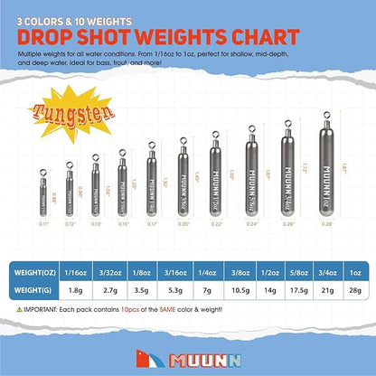 10 Pack Tungsten Free Rig Skinny Drop Shot Weights,Raindrop Free Rig Fishing Sinkers kit for Drop Shot Rig