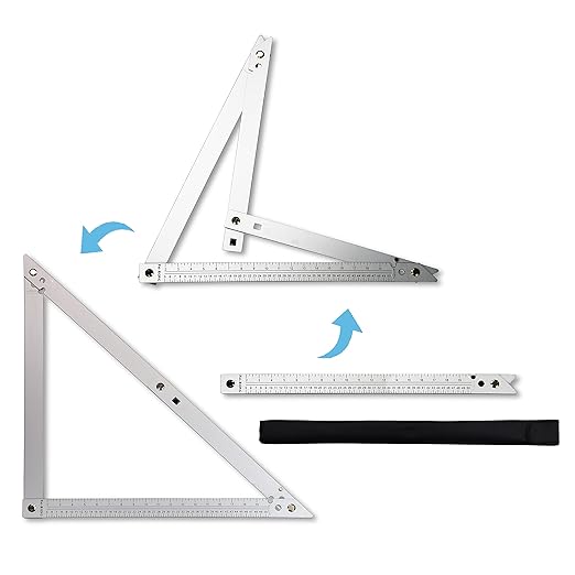 FEI-RONG 24" Folding Framing Square - Aluminum & Carbon Steel Carpentry Tool | 45-90 Degree Adjustable Angle Ruler for Roofing, Stair Work, Woodworking | Includes Carrying Case