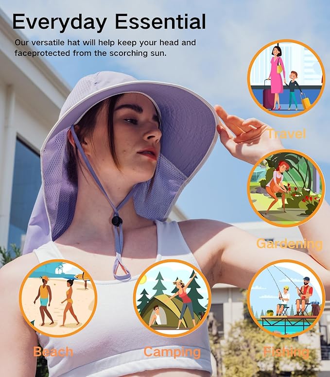 UV Sun Protection Hat Women Foldable Neck Flap Wide Brim Fishing Hat with Ponytail Hole for Women