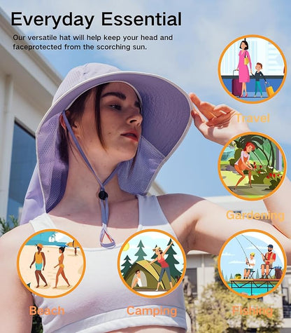 UV Sun Protection Hat Women Foldable Neck Flap Wide Brim Fishing Hat with Ponytail Hole for Women