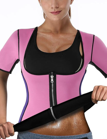 Women Sauna Sweat Vest with Sleeves Neoprene Fitness Shirt Workout Body Shaper Sport Tank Top