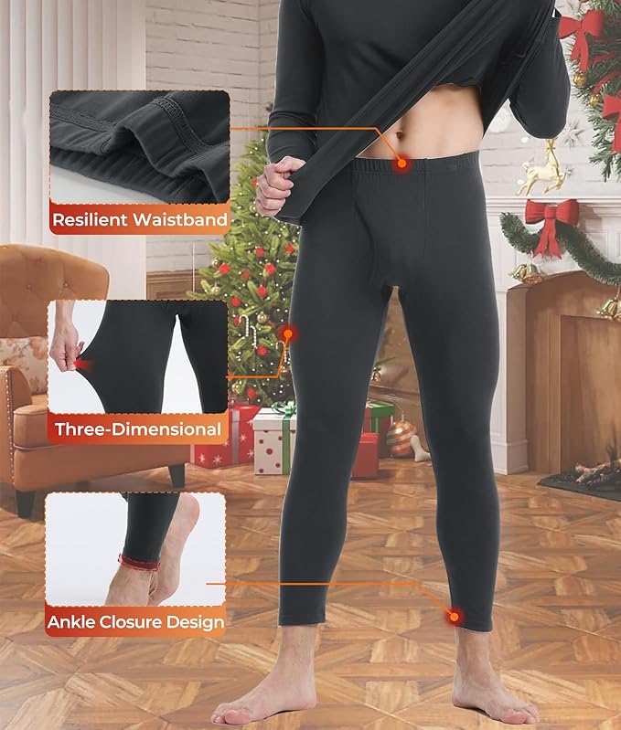 BAMBOO COOL Men's Thermal Underwear with Soft Fleece Lined Base Layer Cold Weather Top Bottom Gift Set