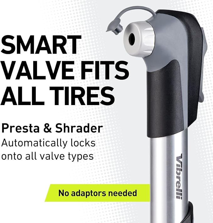 Vibrelli Mini Bike Pump - Presta & Schrader Bicycle Pump - 120 PSI Tire Pump for Road & MTB - No Valve Changing Needed