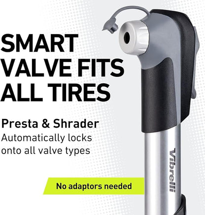 Vibrelli Mini Bike Pump - Presta & Schrader Bicycle Pump - 120 PSI Tire Pump for Road & MTB - No Valve Changing Needed