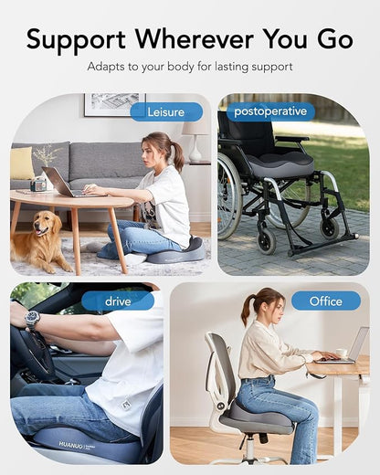 HUANUO Office Seat Cushion for Tailbone Support, High-Density Memory Foam Cushion, Breathable Coccyx Cushion, Non-Slip Bottom for Sciatica Relief, Perfect for Office, Car, and Wheelchair