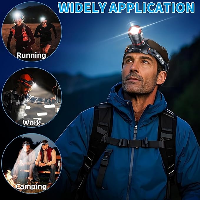 Headlamp Rechargeable 90000 Lumens Ultra Bright Head Lamp Super Bright Hard Hat Light Zoomable IPX54 Headlight Camping Accessories 6 Modes Waterproof Headlight Camping Gear for Adults Cycling Running