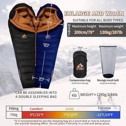 Down Backpacking Sleeping Bag for Cold Weather 45°F to -11°F, XXL Large Ultralight Sleeping Bag Ideal for Adults Camping, Hiking and Backpacking.