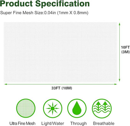 Garden Netting 10x33Ft, Ultra Fine Plant Cover, Insect Netting Barrier Mesh for Plants Vegetables Fruits Flower, Row Covers Raised Bed Protection Net, Birds Animals Screen