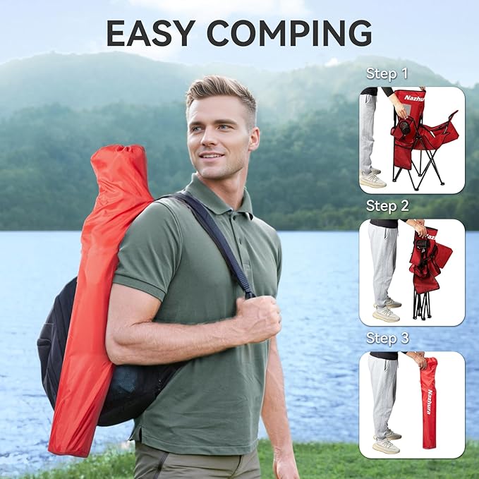 Nazhura 2 Pack Outdoor Camping Chairs Folding/Foldable/Portable with Cooler Pouch, Mesh Backrest and Cup Holder Pocket(Red, 2 Pack)