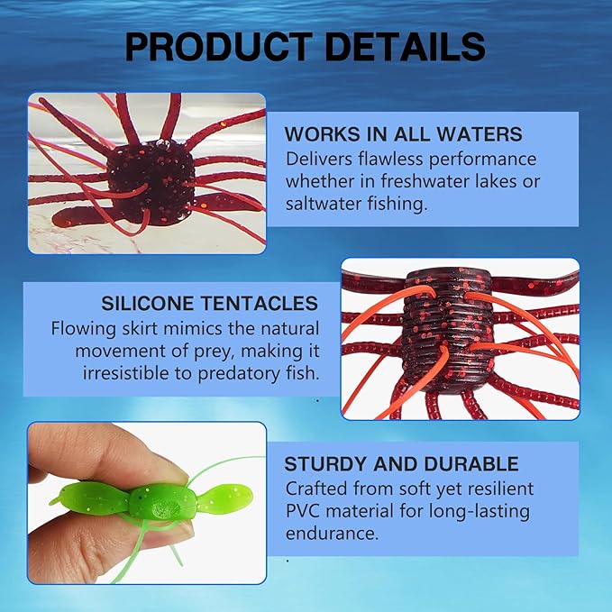 Eupheng Silicone Soft Dice Fishing Lures with Multiple Tentacles, Handmade Slow Sink Bass Fishing Soft Plastic Baits for Drop Shot, Finesse, Wacky Rig