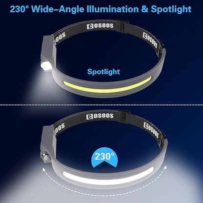 COSOOS 2 LED Headlamp Rechargeable Flashlight, Bright Head Lamp Outdoor, 1000 Lumen 230°Wide Beam, Spot Light, Sensor Mode,2.4oz Lightweight, Hard Hat, Hiking, Camping, Christmas Gift -Grey
