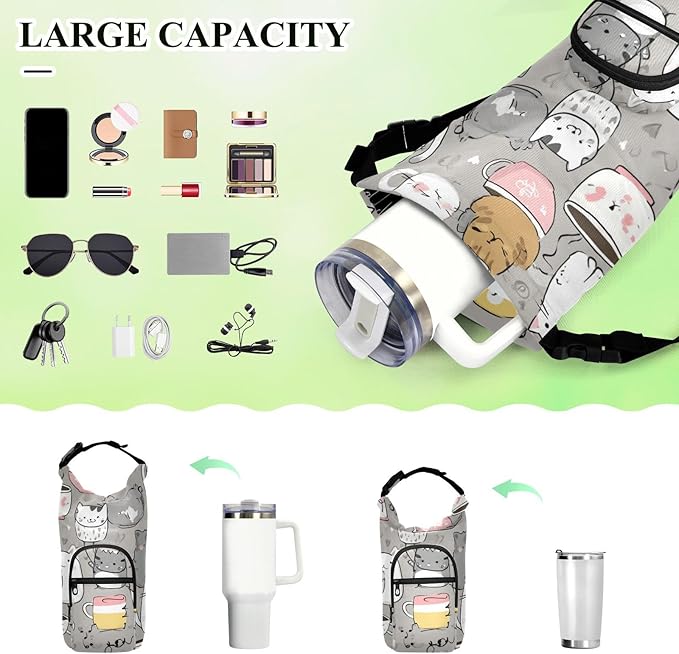 Grey Cat Water Bottle Holder with Strap Insulated Water Bottle Carrier Crossbody Bags Pouch with Phone Pocket for Travel Gym Hiking Walking Running