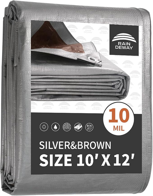 RAINDEWAY Tarps Heavy Duty Waterproof 10x12 Feet,10Mil Thick Multipurpose Poly Tarp Cover with Metal Grommets and Reinforced Edges,Silver/Brown Tarp