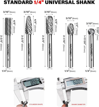 HAUTMEC Tungsten Carbide Rotary Burr Bit Set– 1/4" Shank with Portable Storage Bag, Double Cut Tungsten Rotary File for Die Grinder, Suit for Metal Carving, Grinding, Engraving & Deburring - HT0455