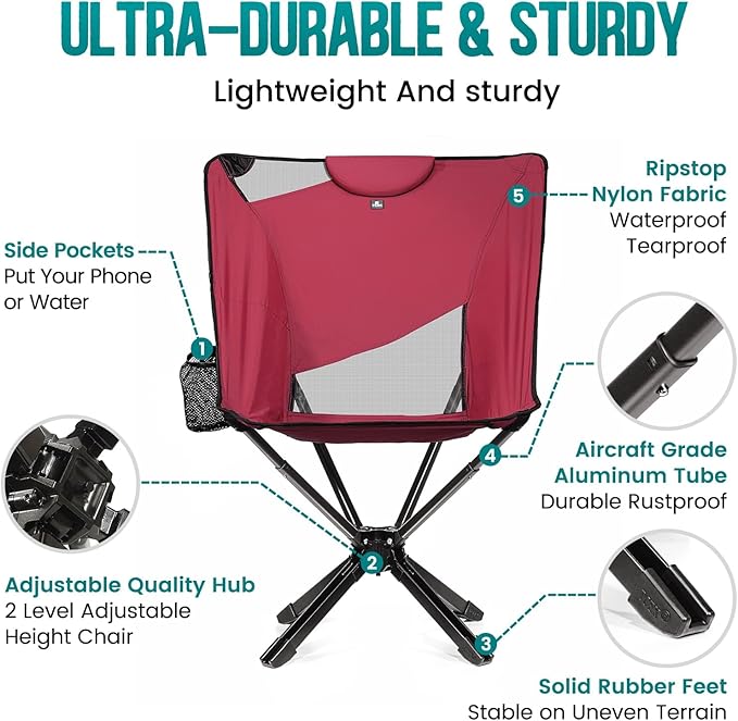 Portable High Back Camping Chair with Adjustable Height, Small Compact Outdoor Folding Chair for Adults Travel, Riselite Collapsible Lightweight Packable Camp Chairs, Easy Carry and Quick Setup
