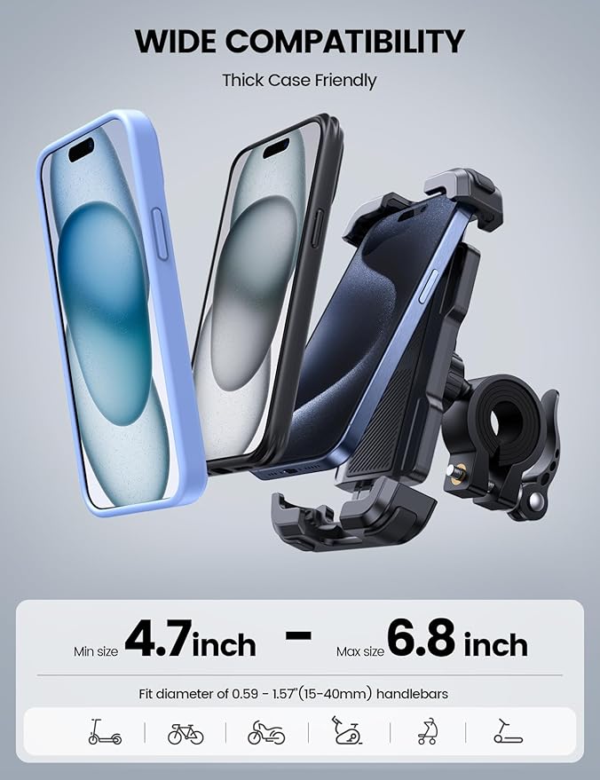 Lamicall Bike Phone Mount Holder - Motorcycle Phone Mount, Adjustable Cell Phone Holder, Bicycle Scooter Handlebar Cradle Clip for iPhone Air 17 Pro Max/ 16 Plus, 15 Plus, iPhone 14 and 4.7-6.8" Phone