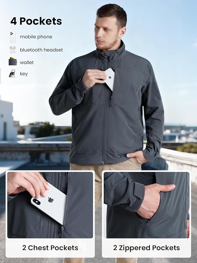 Men's Lightweight Waterproof Jacket,Tactical Rain Zip Up Softshell Jacket Windbreaker Casual for Hiking Travel Golf
