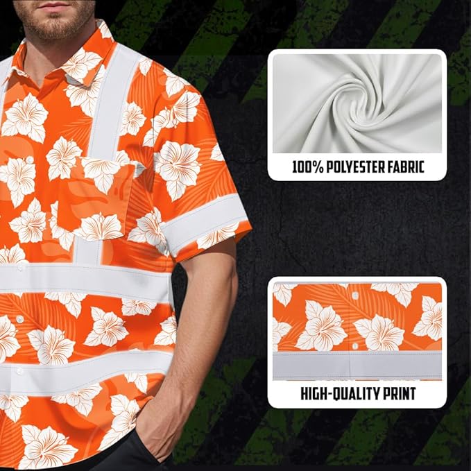High Visibility Hawaiian Shirt for Men Tropical Shirts Custom Name Floral Outfit Reflective Safety Workwear