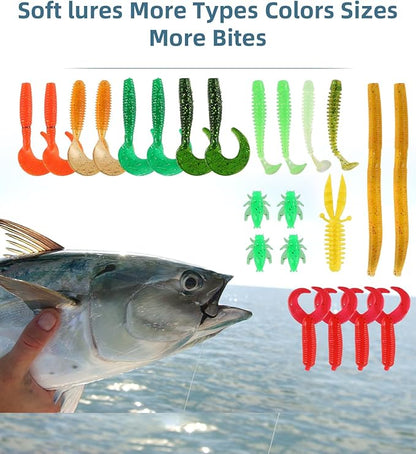 Fishing Lures Hooks Kit, Fishing Gear Tackle Box Kit with Pliers, Bionic Baits,Spoon Lures, Hooks, Weights Freshwater, Saltwater and Accessories for Men Women Kids Fishing Tackles Gift