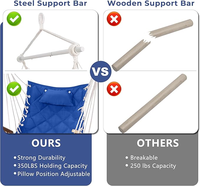 Hammock Chair Hanging Swing with Wooden Armrests;Steel Spreader Bar,Pillows,Hardware kit Included;Cotton Woven ;Up to 350 Lbs,for Indoor Outdoor Blue