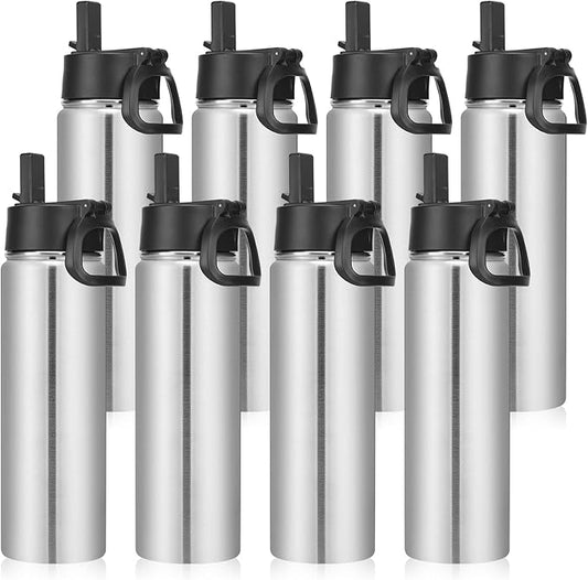 Neihepal 22 oz Insulated Water Bottles Bulk, Stainless Steel Water Bottles Bulk with Leak Proof Straw Lid, Wide Mouth Double Walled Vacuum Keeps Cold and Hot(Silver,8 Pack)