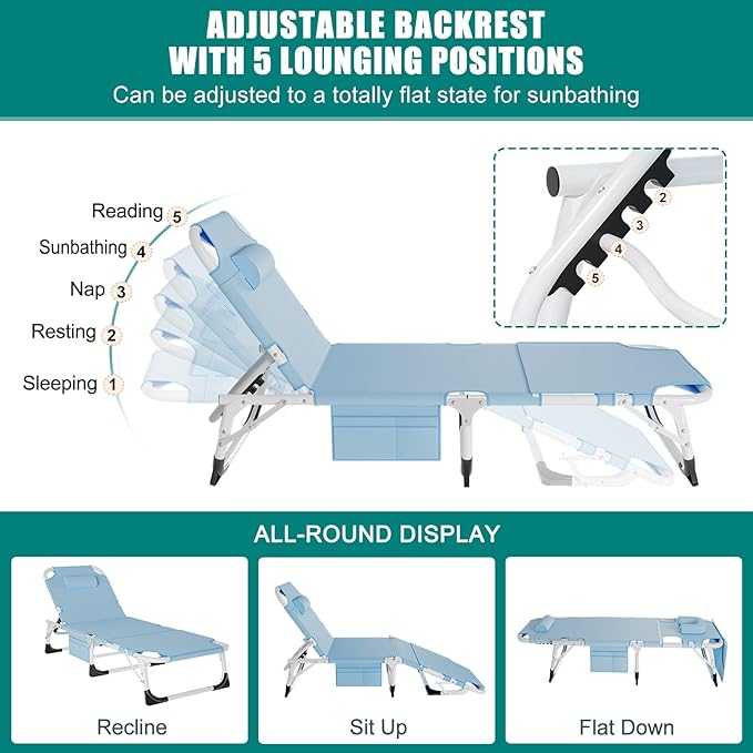 DoCred Heavy Duty Tanning Chair with Face Hole, Adjustable 5-Position Folding Chaise Lounge Chairs for Outside, Portable Lay Flat Beach Lounge Chair for Outdoor Sunbathing Beach Pool Lawn Camping