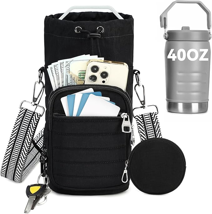 Water Bottle Carrier Bag with Strap, Sling Bag for Walking, Hiking, Cycling, Black, 40 Ounces