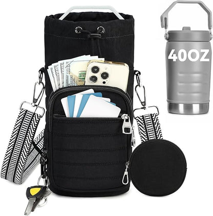 Water Bottle Carrier Bag with Strap, Sling Bag for Walking, Hiking, Cycling, Black, 40 Ounces