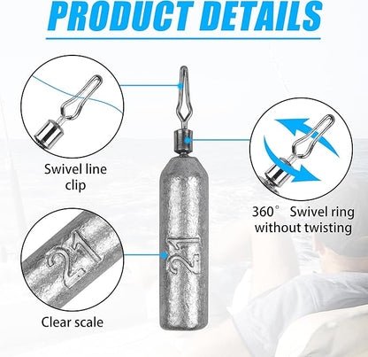 30 Pack Fishing Drop Shot Weights Lead Fishing Weights Pencil Skinny Sinkers with Barrel Swivels for Freshwater Bass Fishing