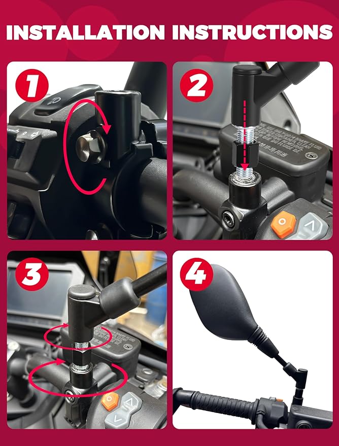 ATV Motorcycle Rearview Side Mirrors Universal 360 Degrees Ball-Type Adjustable 7/8" Handlebar Mount 8mm 10mm Adapters for Scooter Dirt Bike Snowmobile Moped EBike Polaris Sportsman Honda Rincon