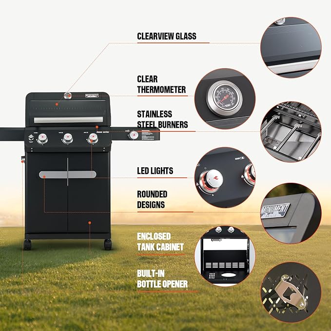 Monument Grills 3+1 Outdoor Barbecue Stainless Steel Propane Gas Grill, 3 Burners & 1 Side Burner 48,000 BTU Patio Garden Grill with Knob Controls, Mesa325, Black