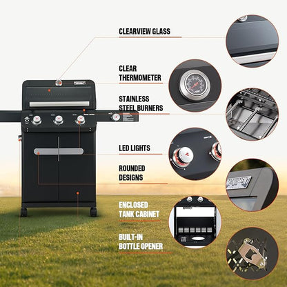 Monument Grills 3+1 Outdoor Barbecue Stainless Steel Propane Gas Grill, 3 Burners & 1 Side Burner 48,000 BTU Patio Garden Grill with Knob Controls, Mesa325, Black