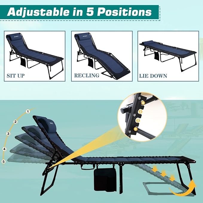 Outdoor Folding Lounge Chair Padded for Adults 264Ibs Patio Chaise Lounge Chair for Outside Adjustable 5-Position Reclining Beach Chair with Pillow Pocket