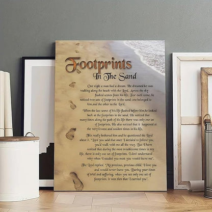 Footprints in the Sand Religious Canvas Wall Art Posters, Inspirational Beach Sunset Poem Print Poster (Framed 16x24inch, Footprints(3))