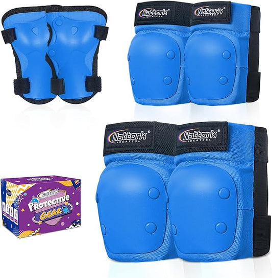 Nattork Knee Pads for Kids Youth Audlt，Knee and Elbow Pads with Wrist Guards 6 in 1 Protective Gear Set for Skateboard, Roller Skate, Inline Skates, Cycling and Scooter Boys Girls