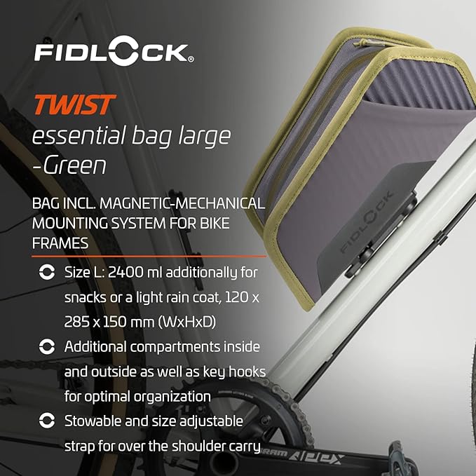 FIDLOCK Twist Essential Bag with Bike Base | Optimized for Bike’s Frame Triangle | Splash-Proof Material Closure | Additional Compartments Inside and Outside | Green | Large
