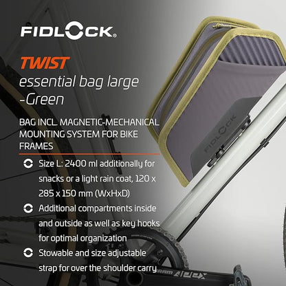 FIDLOCK Twist Essential Bag with Bike Base | Optimized for Bike’s Frame Triangle | Splash-Proof Material Closure | Additional Compartments Inside and Outside | Green | Large