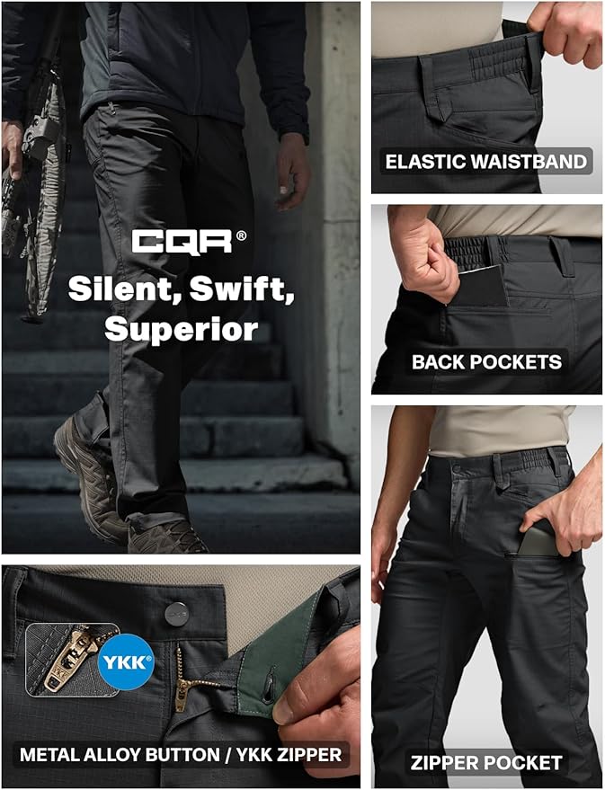 CQR Men's Flex Stretch Tactical Pants, Water Resistant Ripstop Cargo Pants, Lightweight EDC Outdoor Work Hiking Pants