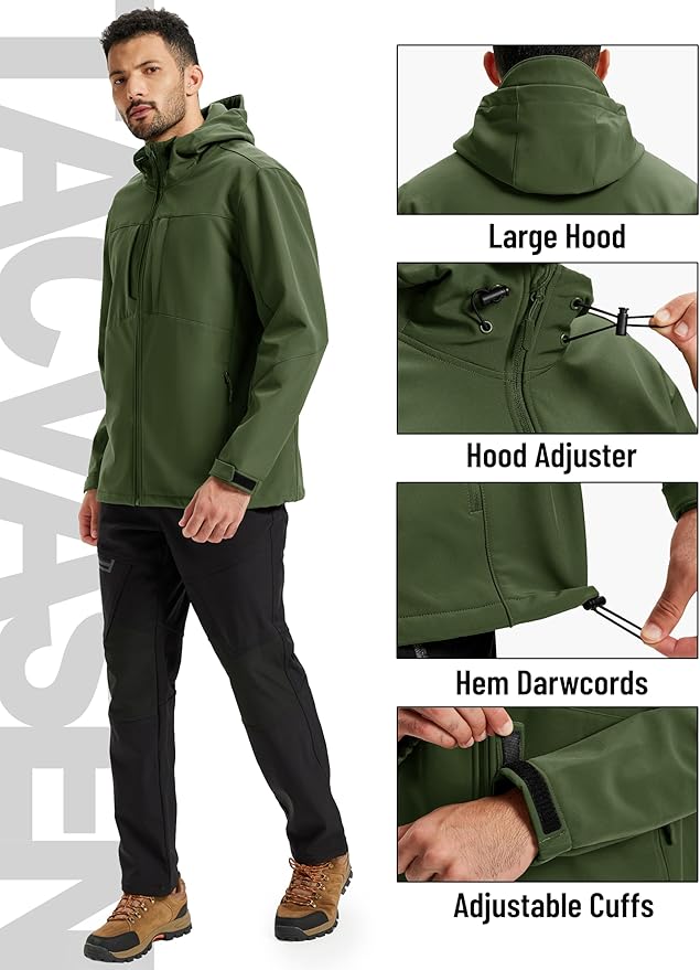 TACVASEN Men's Softshell Jacket with Hood Waterproof Tactical Fleece Coat Winter Windbreaker Lightweight Rain Jackets