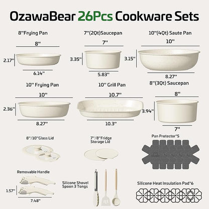 26 Pcs Pots and Pans Set Non Stick, Ceramic Cookware Set Non Toxic with Detachable Handles, Healthy Induction Cookware Oven Safe RV Kitchen Set, PFAS PFOA & PTFE Free, Cream White