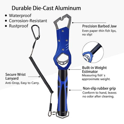Eupheng 11.8'' Heavy-Duty Fish Gripper with Scale Rustproof Aluminum Body, Non-Slip Rubber Handle, Built-in Weight Estimator & Wrist Lanyard