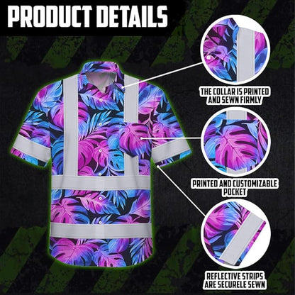 High Visibility Hawaiian Shirt for Men Tropical Shirts Custom Name Floral Outfit Reflective Safety Workwear